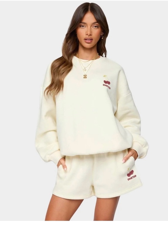 Edikted Sweaters - Edikted Cream Cherry Embroidered Sweatshirt